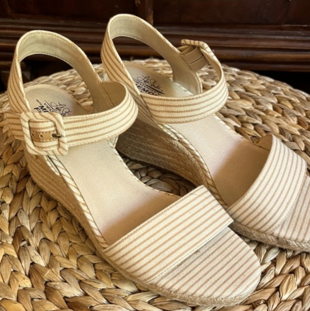 Life Stride Cream Striped Espadrille Wedge Sandals